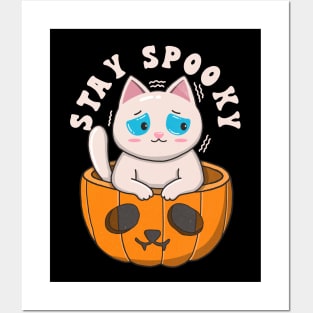 Cute White Cat Stay Spooky Posters and Art